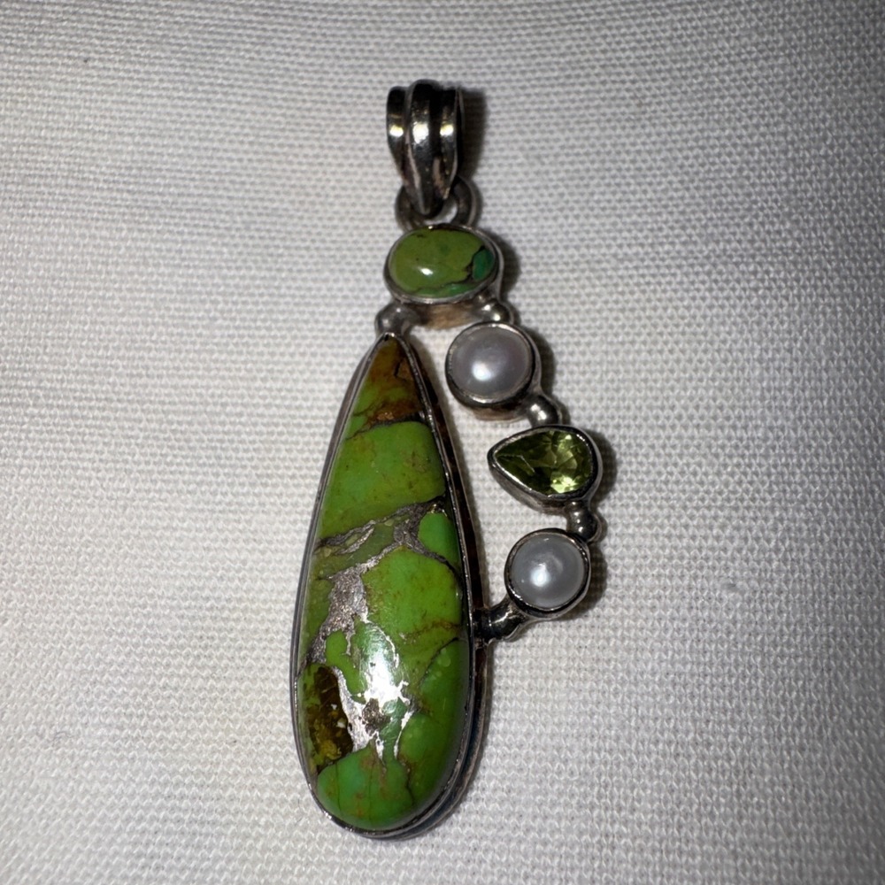 925 Sterling Silver Green Turquoise Pendant Multi Stone Pearl Peridot Artisan